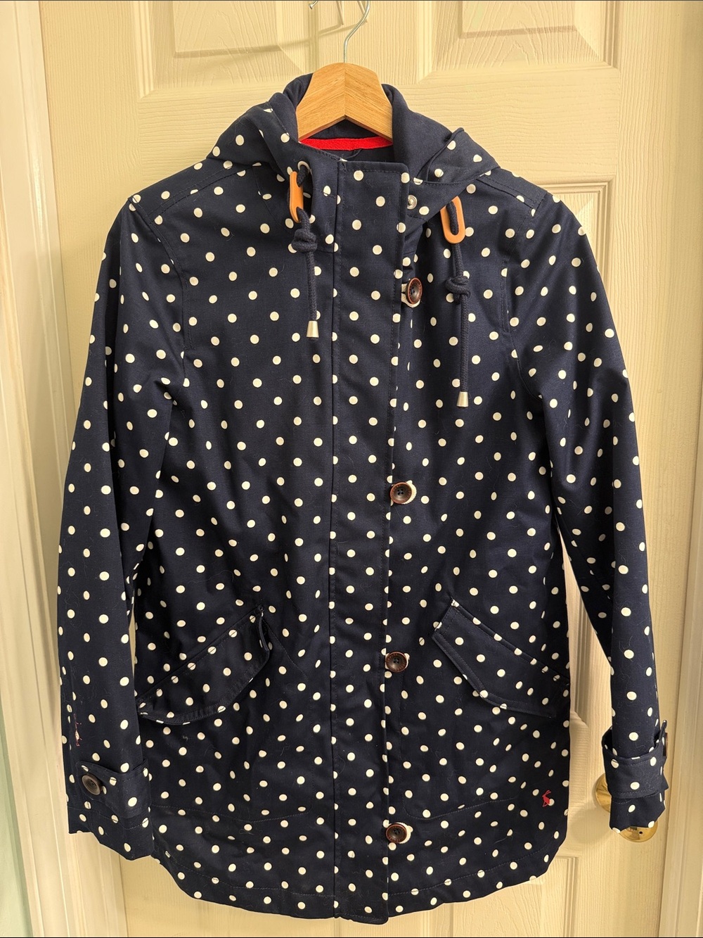 Joules “right as rain” Women’s Navy Polka Dot Hooded Rain Jacket